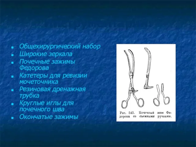 Инструментарий: Общехирургический набор Широкие зеркала Почечные зажимы Федорова Катетеры для ревизии