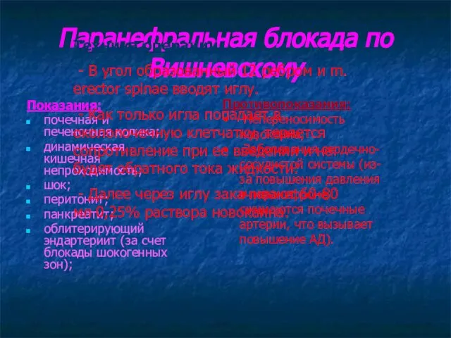 Паранефральная блокада по Вишневскому Показания: почечная и печеночная колика; динамическая кишечная