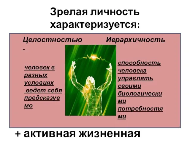 Зрелая личность характеризуется: Целостностью - человек в разных условиях ведет себя