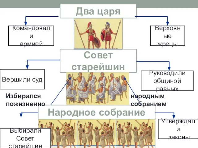 Два царя Народное собрание Выбирали Совет старейшин Утверждали законы Совет старейшин