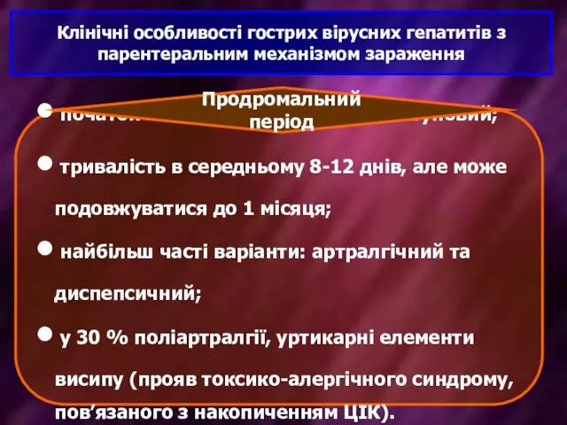 Клінічні особливості гострих вірусних гепатитів з парентеральним механізмом зараження початок захворювання