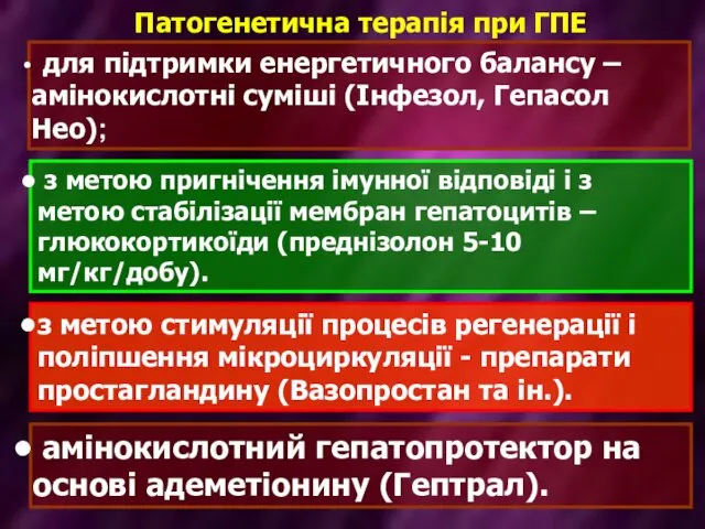 для підтримки енергетичного балансу – амінокислотні суміші (Інфезол, Гепасол Нео); з