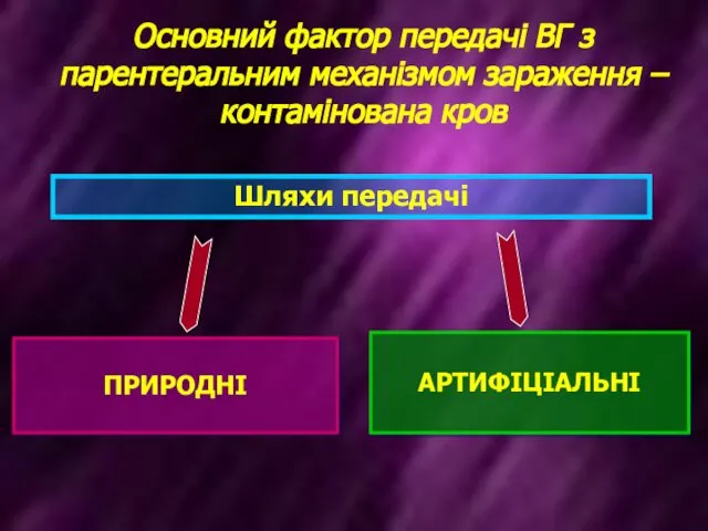 ПРИРОДНІ АРТИФІЦІАЛЬНІ Шляхи передачі Основний фактор передачі ВГ з парентеральним механізмом зараження – контамінована кров