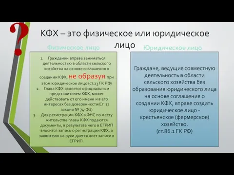 КФХ – это физическое или юридическое лицо Гражданин вправе заниматься деятельностью