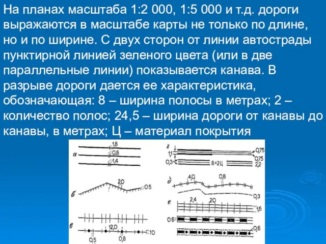 На планах масштаба 1:2 000, 1:5 000 и т.д. дороги выражаются