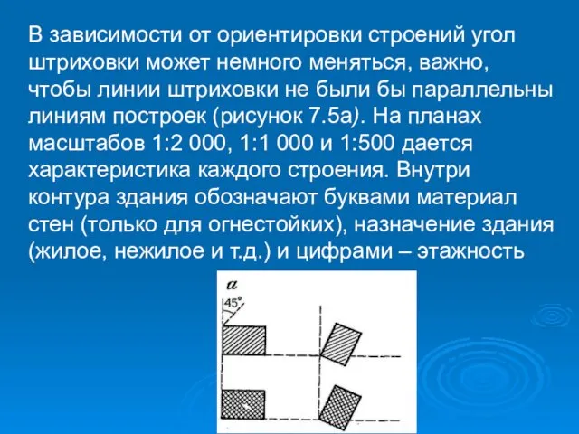 В зависимости от ориентировки строений угол штриховки может немного меняться, важно,