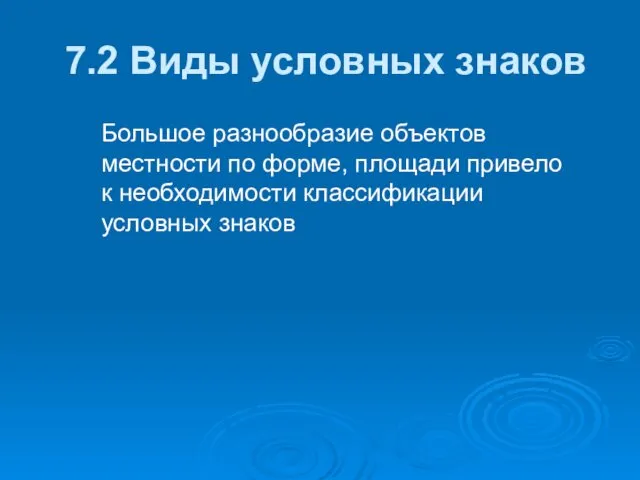 7.2 Виды условных знаков Большое разнообразие объектов местности по форме, площади