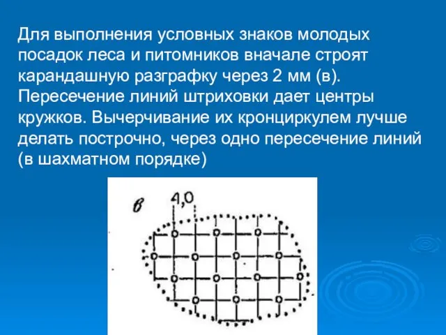 Для выполнения условных знаков молодых посадок леса и питомников вначале строят