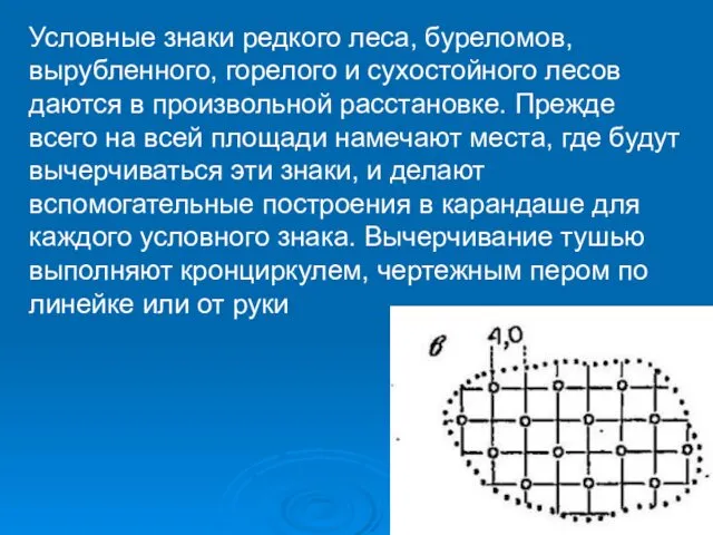 Условные знаки редкого леса, буреломов, вырубленного, горелого и сухостойного лесов даются