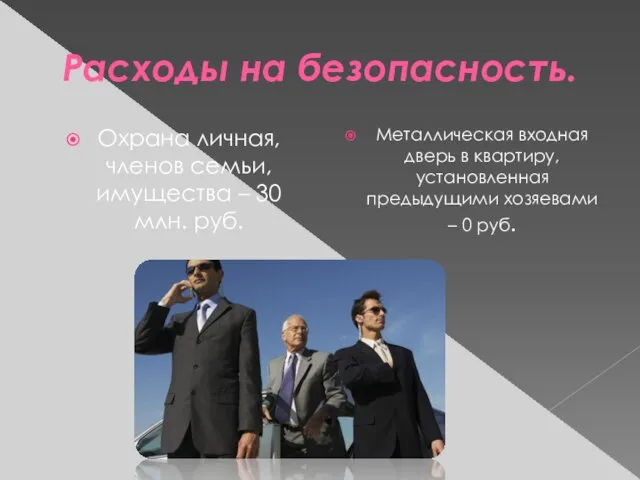 Расходы на безопасность. Охрана личная, членов семьи, имущества – 30 млн.