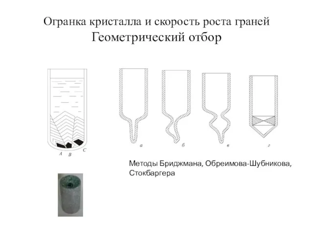 Огранка кристалла и скорость роста граней Геометрический отбор Методы Бриджмана, Обреимова-Шубникова, Стокбаргера