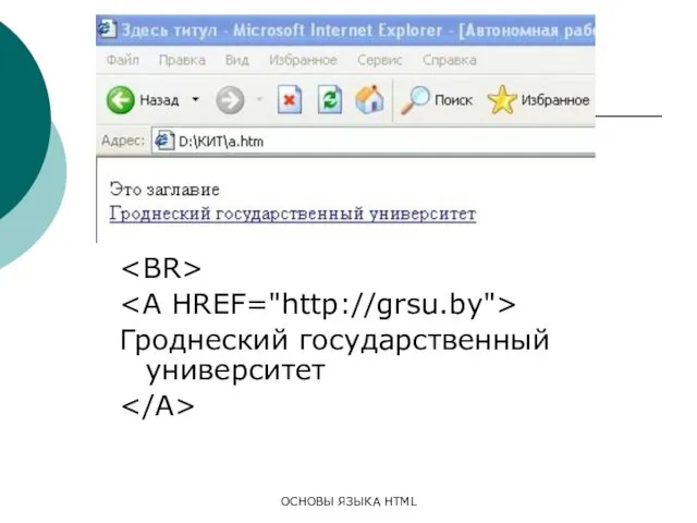 ОСНОВЫ ЯЗЫКА HTML Гроднеский государственный университет