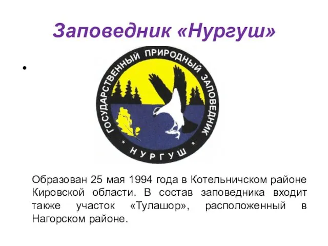 Заповедник «Нургуш» Образован 25 мая 1994 года в Котельничском районе Кировской