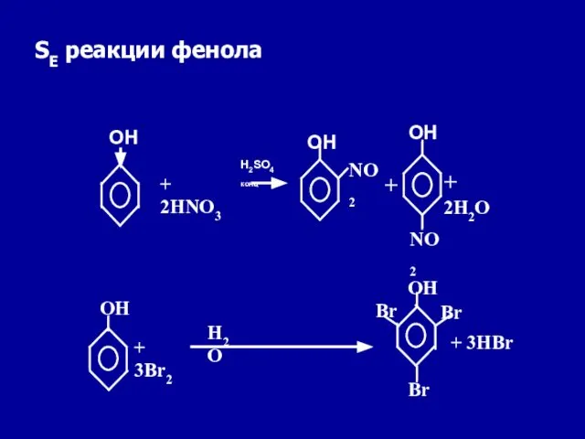 SE реакции фенола + 2HNO3 H2SO4 конц OH NO2 NO2 +