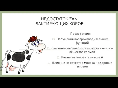 НЕДОСТАТОК Zn у ЛАКТИРУЮЩИХ КОРОВ Последствия: Нарушения воспроизводительных функций Снижение переваримости