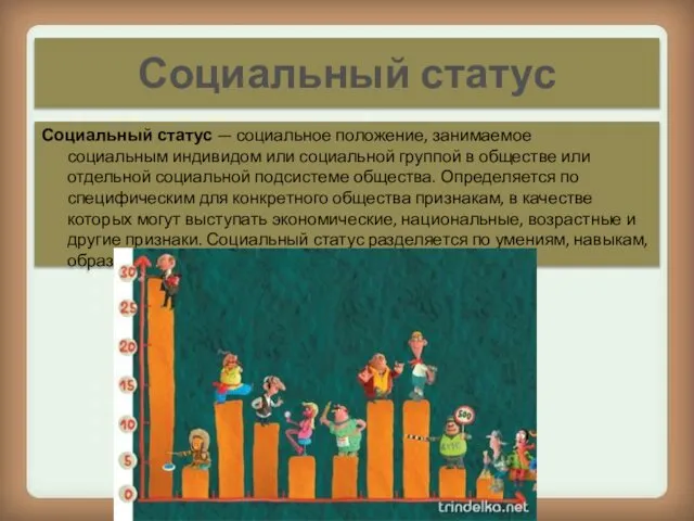 Социальный статус Социальный статус — социальное положение, занимаемое социальным индивидом или