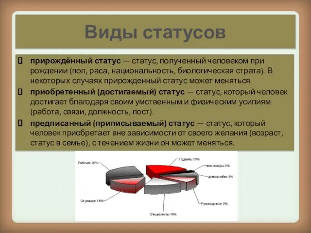 Виды статусов прирождённый статус — статус, полученный человеком при рождении (пол,