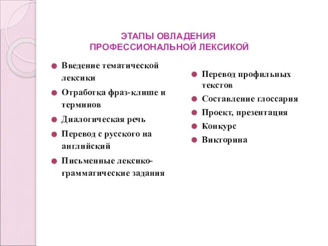 ЭТАПЫ ОВЛАДЕНИЯ ПРОФЕССИОНАЛЬНОЙ ЛЕКСИКОЙ Введение тематической лексики Отработка фраз-клише и терминов