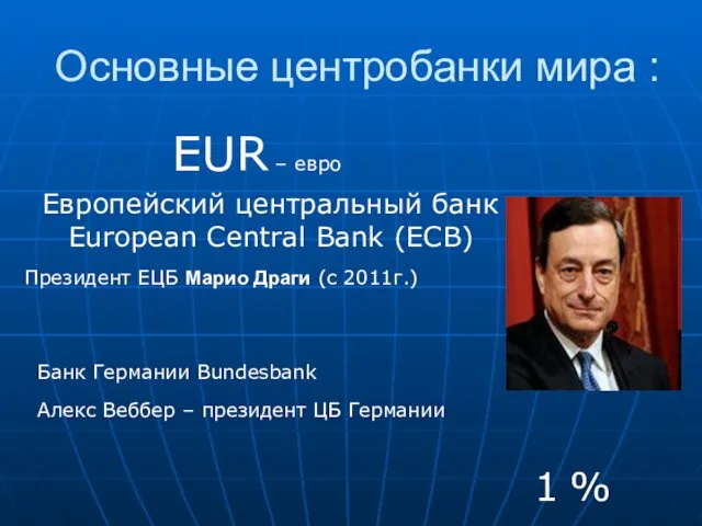 EUR – евро Европейский центральный банк European Central Bank (ECB) Основные