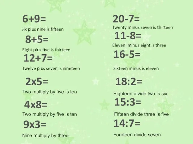 2x5= 4x8= 9x3= 18:2= 15:3= 14:7= 6+9= 8+5= 11-8= 16-5= 12+7=