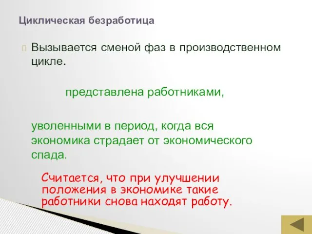 Вызывается сменой фаз в производственном цикле. Циклическая безработица представлена работниками, уволенными