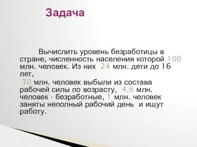 Вычислить уровень безработицы в стране, численность населения которой 100 млн. человек.