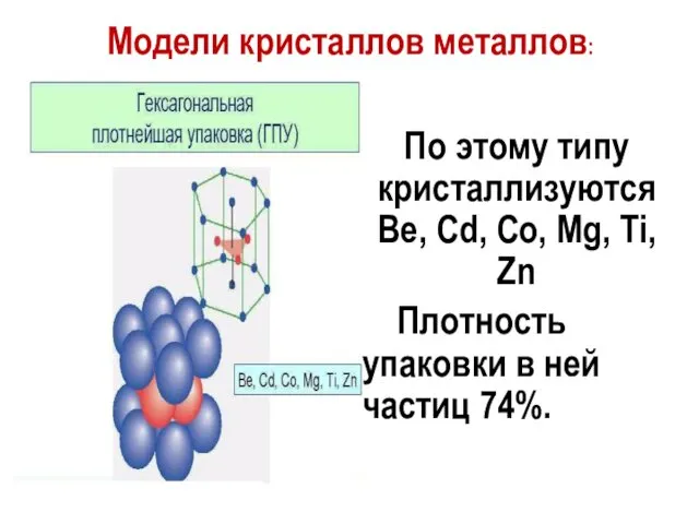 Модели кристаллов металлов: По этому типу кристаллизуются Be, Cd, Co, Mg,