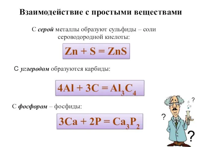 С серой металлы образуют сульфиды – соли сероводородной кислоты: Взаимодействие с