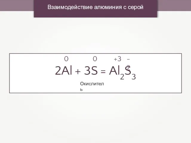 Взаимодействие алюминия с серой 2Al + 3S = Al2S3 0 0 +3 -2 Окислитель