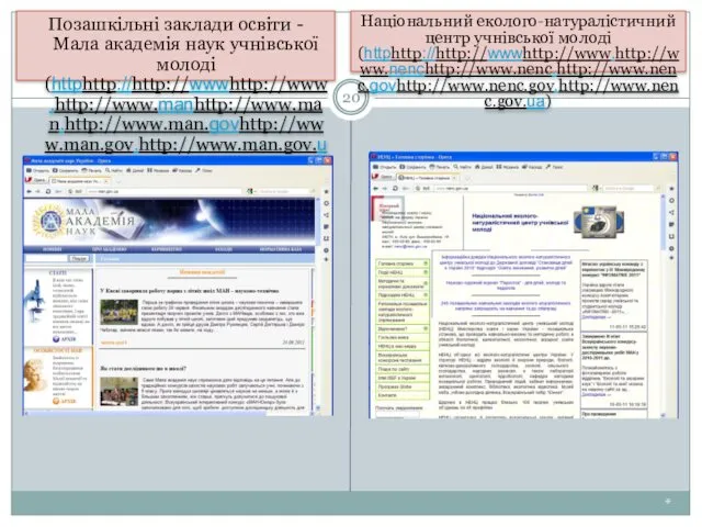 * Позашкільні заклади освіти - Мала академія наук учнівської молоді (httphttp://http://wwwhttp://www.http://www.manhttp://www.man.http://www.man.govhttp://www.man.gov.http://www.man.gov.ua)