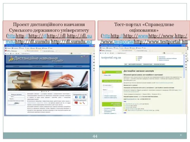 * Проект дистанційного навчання Сумського державного університету (httphttp://http://dlhttp://dl.http://dl.sumduhttp://dl.sumdu.http://dl.sumdu.eduhttp://dl.sumdu.edu.http://dl.sumdu.edu.ua) Тест-портал «Справедливе оцінювання» (httphttp://http://wwwhttp://www.http://www.testportalhttp://www.testportal.http://www.testportal.orghttp://www.testportal.org.http://www.testportal.org.uahttp://www.testportal.org.ua/http://www.testportal.org.ua/dls).