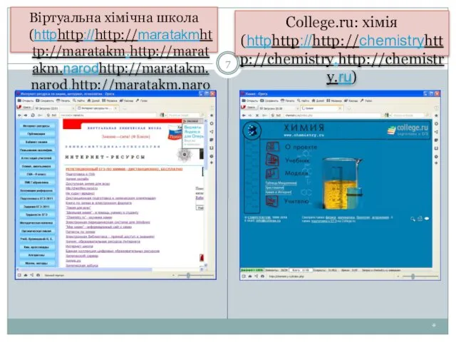 * Віртуальна хімічна школа (httphttp://http://maratakmhttp://maratakm.http://maratakm.narodhttp://maratakm.narod.http://maratakm.narod.ru) College.ru: хімія (httphttp://http://chemistryhttp://chemistry.http://chemistry.ru)