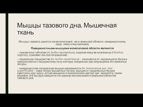 Мышцы тазового дна. Мышечная ткань Мышцы тазового делятся на мочеполовой, так