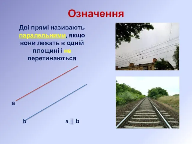 Означення Дві прямі називають паралельними, якщо вони лежать в одній площині