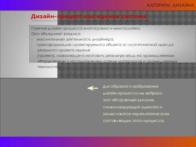 АЛГОРИТМ ДИЗАЙНА Дизайн-процесс как единая система Понятие дизайн-процесса многогранно и многослойно.