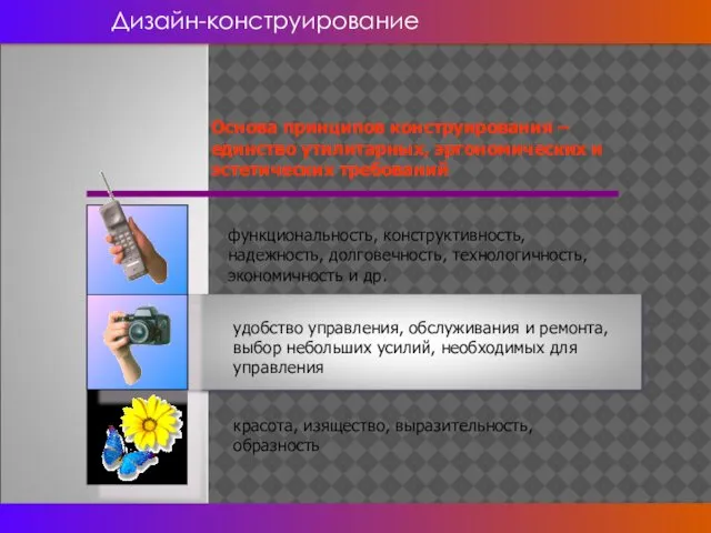 Дизайн-конструирование Основа принципов конструирования – единство утилитарных, эргономических и эстетических требований