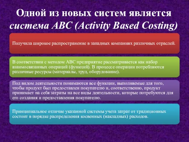 Одной из новых систем является система АВС (Activity Based Costing) Получила