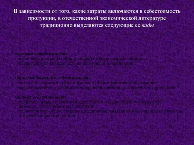 В зависимости от того, какие затраты включаются в себестоимость продукции, в