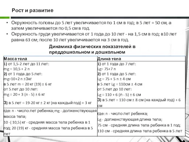 Рост и развитие Окружность головы до 5 лет увеличивается по 1