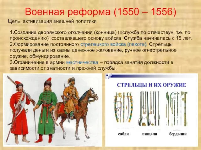 Военная реформа (1550 – 1556) Цель: активизация внешней политики 1.Создание дворянского