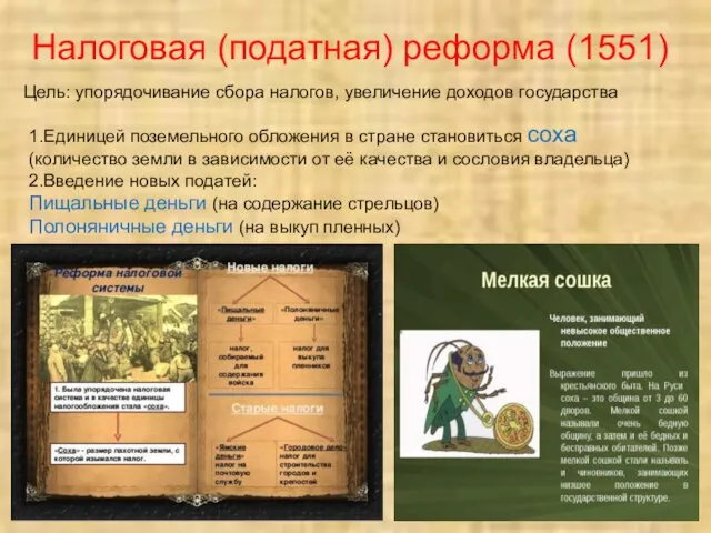 Налоговая (податная) реформа (1551) Цель: упорядочивание сбора налогов, увеличение доходов государства