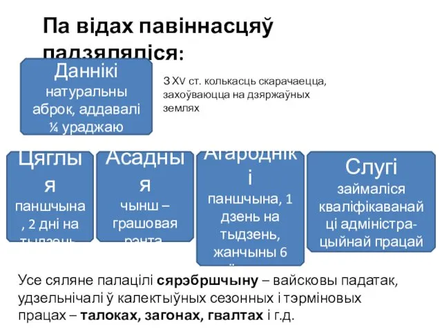 Па відах павіннасцяў падзяляліся: Цяглыя паншчына, 2 дні на тыдзень, Асадныя