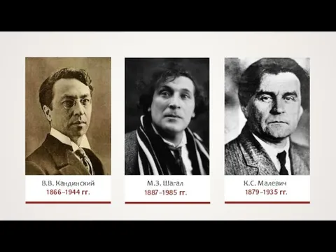 В.В. Кандинский 1866–1944 гг. М.З. Шагал 1887–1985 гг. К.С. Малевич 1879–1935 гг.