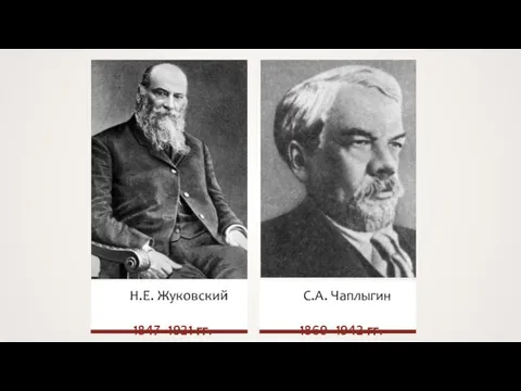 Н.Е. Жуковский 1847–1921 гг. C.А. Чаплыгин 1869–1942 гг.