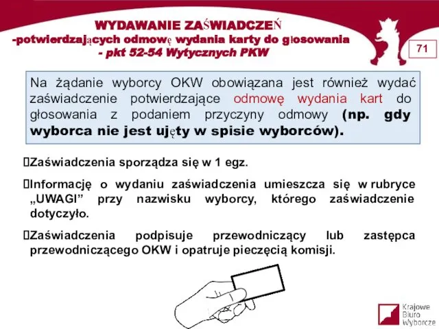 WYDAWANIE ZAŚWIADCZEŃ potwierdzających odmowę wydania karty do głosowania - pkt 52-54