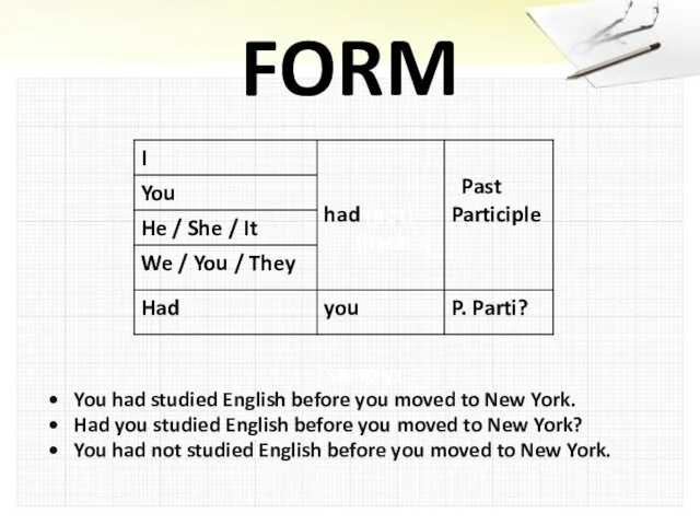 FORM Examples: You had studied English before you moved to New