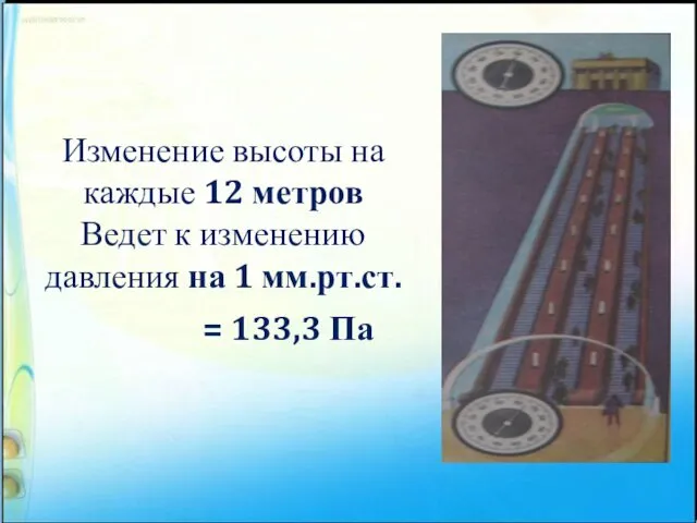 Изменение высоты на каждые 12 метров Ведет к изменению давления на 1 мм.рт.ст. = 133,3 Па