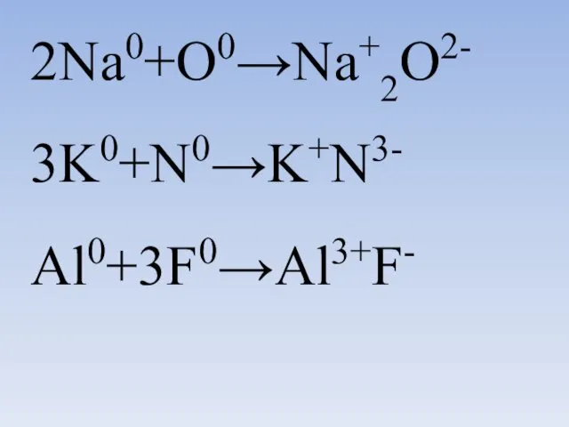 2Na0+O0→Na+2O2- 3K0+N0→K+N3- Al0+3F0→Al3+F-