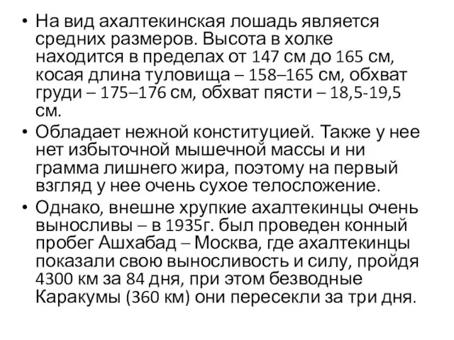 На вид ахалтекинская лошадь является средних размеров. Высота в холке находится