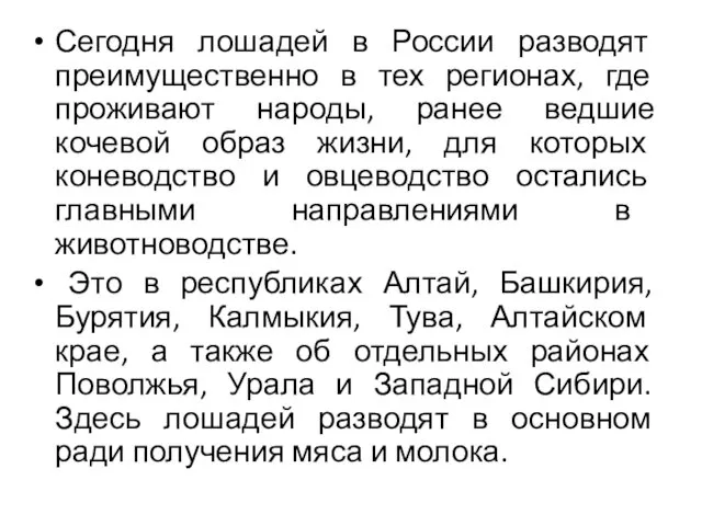 Сегодня лошадей в России разводят преимущественно в тех регионах, где проживают